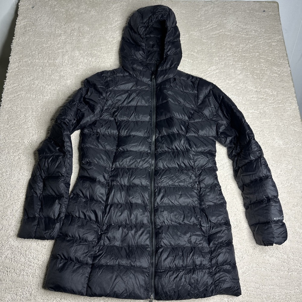 Women's Eddie Bauer Small Down Parka Jacket Coat Packable Black‎